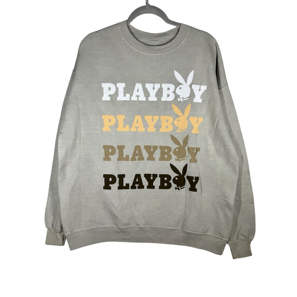 Playboy Sweatshirt Women XL Beige Crewneck Sweater Pullover Bunny Casual Y2k